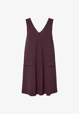 Temno vijolična obleka brez rokavov, dolžine do kolen, z V-izrezom in dvema pravokotnima sprednjima žepoma s poklopci.