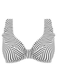 Reggiseno a strisce bianche e nere con dettagli arricciati sulle spalline e scollatura profonda. Tessuto liscio e supporto con ferretto.