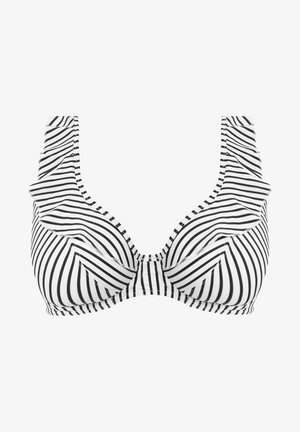 Schwarz-weiß gestreifter BH mit Rüschenakzenten an den Trägern und einem tiefen Ausschnitt. Glattes Material und Bügelunterstützung.
