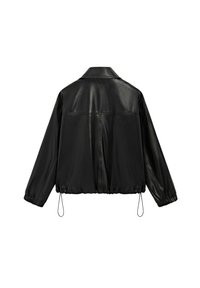 Black faux leather jacket with a collar, long sleeves, elastic hem with drawstrings, shown from the back against a white background.