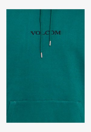 Türkise Kapuzenjacke mit einer Fronttasche und Kordeln. Verfügt über ein schwarzes "VOLCOM"-Logo über der Tasche und einen weichen, texturierten Stoff.