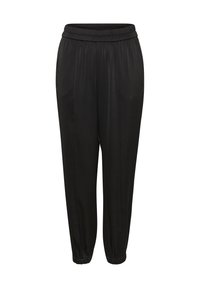 Pantaloni neri realizzati in un tessuto liscio, con una fascia elastica in vita, gambe affusolate e polsini arricciati alle caviglie.