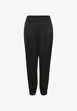 Black trousers made from a smooth fabric, featuring an elastic waistband, tapered legs, and gathered cuffs at the ankles.