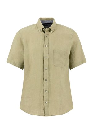 Béžová košeľa s krátkymi rukávmi na zapínanie na gombíky, s predným náprsným vreckom a golierom so zapínaním na gombíky, zobrazená na bielom pozadí.