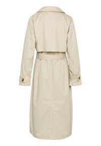 Cappotto trench beige con cintura posteriore, ampia colletto e polsini con bottoni, realizzato in tessuto liscio, con un design sartoriale fino al ginocchio.