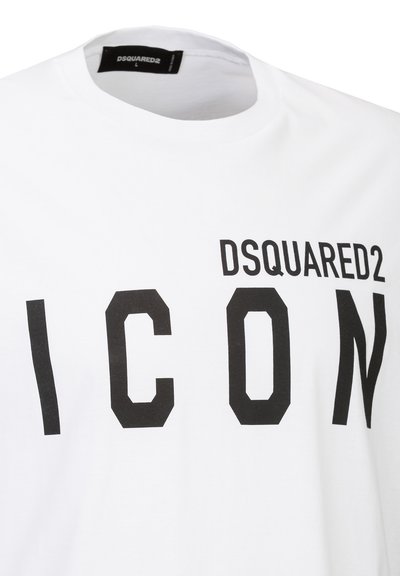 Weißes Baumwoll-T-Shirt mit einem markanten schwarzen "DSQUARED2 ICON"-Aufdruck. Rundhalsausschnitt, kurze Ärmel, weiche Textur und gerader Schnitt.
