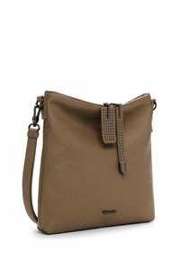 Tan leather shoulder bag with a zip closure, textured strap detail, and metallic accents. Simple design with a flat silhouette.