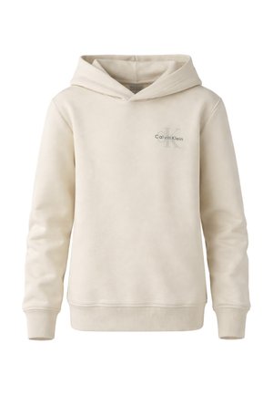 Felpa con cappuccio beige di Calvin Klein con logo frontale, maniche lunghe, polsini e orlo a coste e cappuccio incorporato.