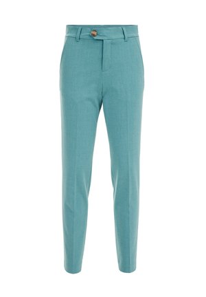 Light blue tailored trousers with a front button, belt loops, and a slim straight leg cut.