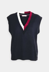 Granatowy sweter bez rękawów z dekoltem w serek, z białymi i bordowymi paskami na kołnierzu. Miękki dzianinowy materiał, krótkie rękawy oraz ściągacz na dole.
