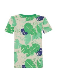 Korte mouwen t-shirt gemaakt van een katoenmix, met een lichtbeige achtergrond en groene en marineblauwe bladmotieven en een groene halslijn.