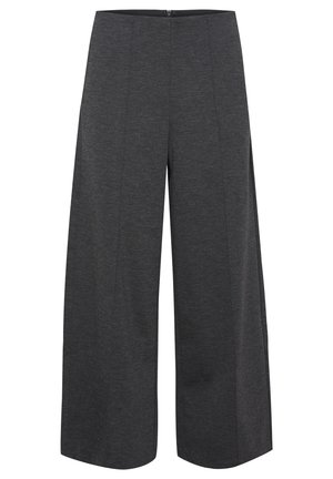 Pantaloni largi de culoare gri închis, realizați dintr-un material texturat, cu talie înaltă și pliseuri subtile pentru un aspect tailoring.