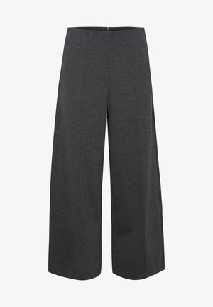 Tumed hallid laiad püksid, valmistatud tekstureeritud kangast, millel on kõrge vöökoht ja peened voltid, et saavutada kohandatud välimus.