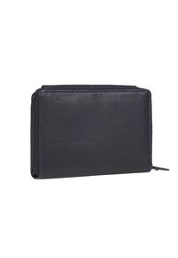 Leather wallet in dark navy, zippered closure, textured surface, rectangular shape, stitched borders, and discreet branding detail.
