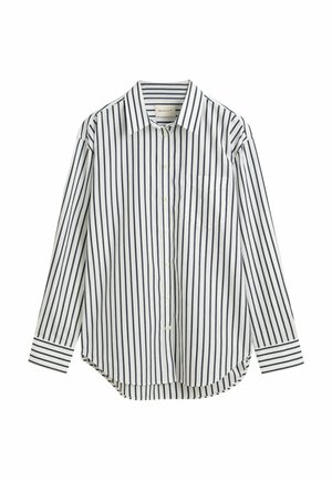 White long-sleeve shirt with navy vertical stripes, button-down collar, single chest pocket, curved hem, and cuff detail.