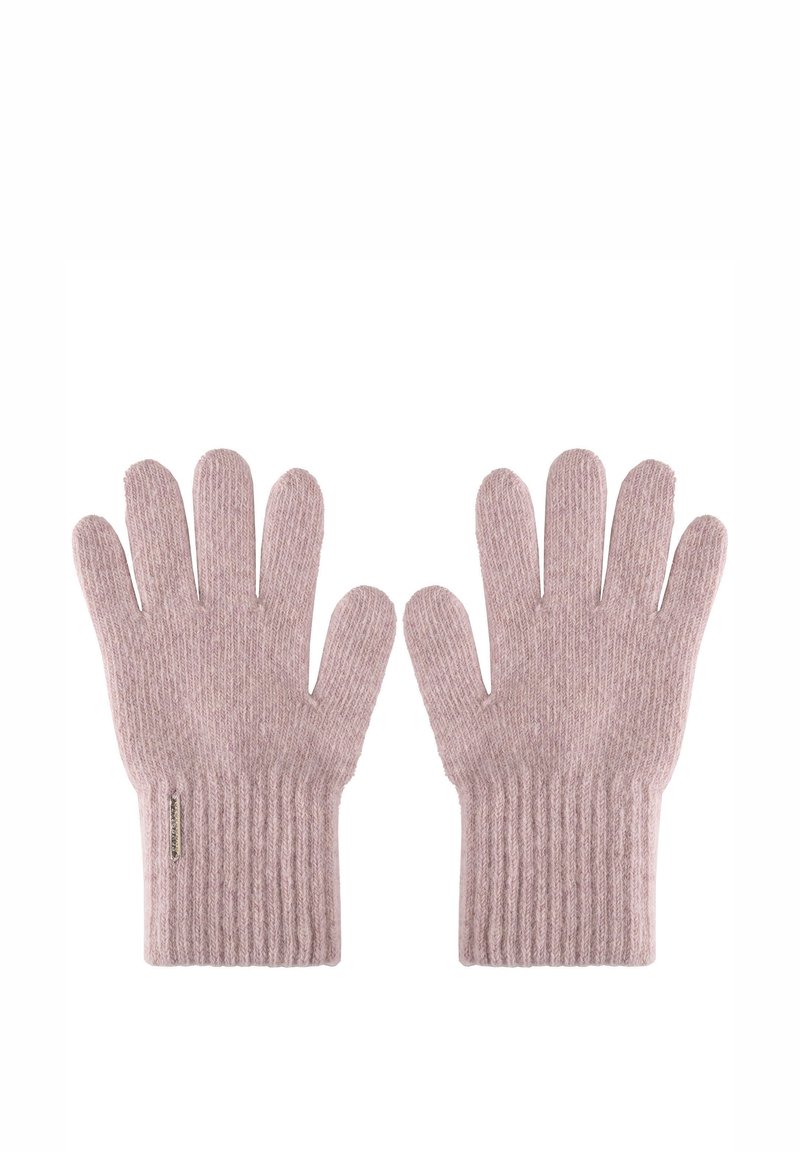 Puhaszövésű, világos rózsaszín anyagból készült kötött kesztyűk, bordás mandzsettával és ötujjas kialakítással. Simaság jellemzi, finom színváltozással.