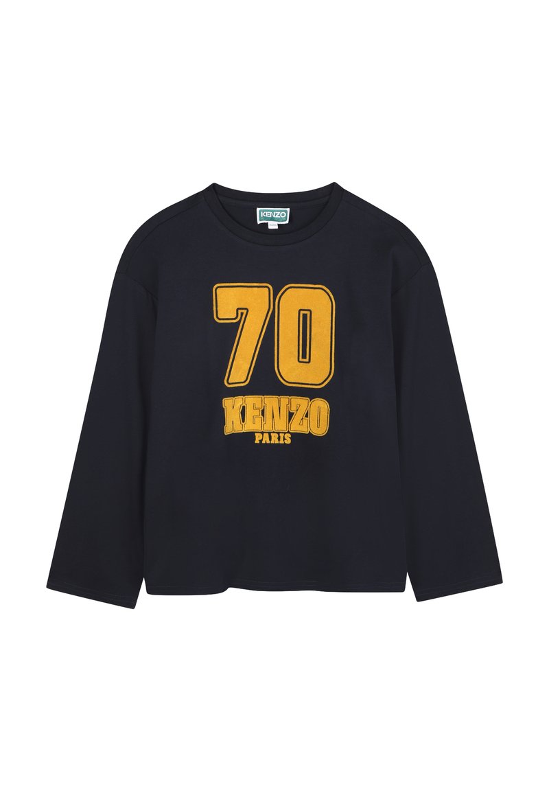 T-shirt a maniche lunghe navy in cotone, con una stampa testurizzata gialla del numero "70" e "KENZO PARIS" sul davanti.