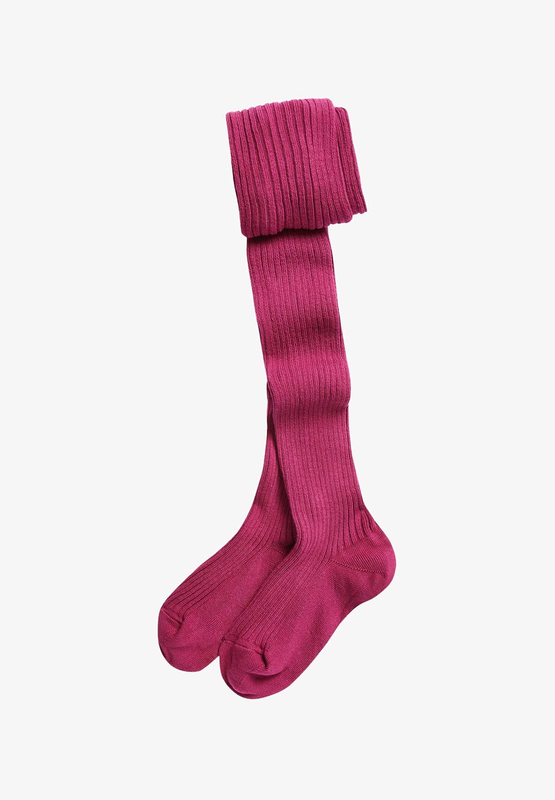 Long, ribbed socks in a deep magenta color, made of soft material with a smooth texture. Cuffed at the top, with rounded toe sections.
