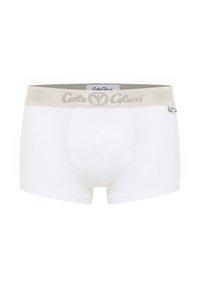 Witte herenboxershorts met een beige tailleband waarop het logo "Carlo Colucci" staat en een klein label aan de rechterkant.