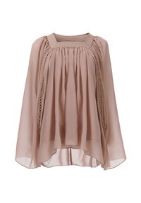 Helles rosa Chiffon-Blusenshirt mit quadratischem Ausschnitt, gefälteltem Design und Spitzendetails an den Seiten, in A-Linien-Silhouette.
