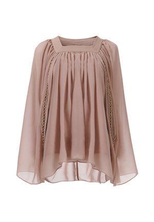 Blouse en chiffon rose clair avec un décolleté carré, design plissé et accents en dentelle sur les côtés, avec une silhouette évasée.