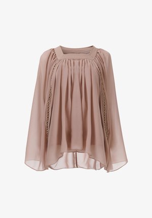 Lichtroze chiffon blouse met een vierkante halslijn, geplooid ontwerp en kantaccenten langs de zijkanten, met een A-lijn silhouet.