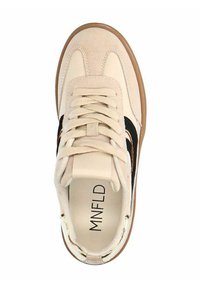 Beige sneaker with suede and leather materials, prominent black side design, lace-up closure, and a textured rubber sole.