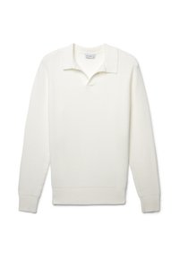 Pullover bianco a coste con una texture morbida, caratterizzato da un colletto e una vestibilità rilassata. Maniche lunghe e orlo dritto.