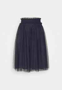 Gonna in tulle nero con vita arricciata, caratterizzata da sottili pois sparsi, design fluente di lunghezza media e texture a strati.