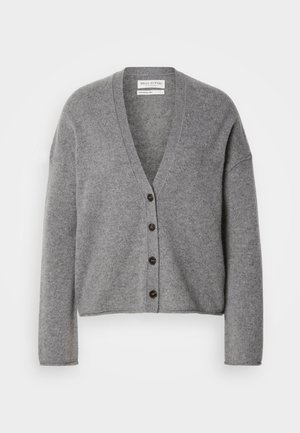 Grau melierter Wollmischungen-Cardigan mit V-Ausschnitt, langen Ärmeln und sechs dunklen Knöpfen auf der Vorderseite; weiche Textur; bequeme Passform.