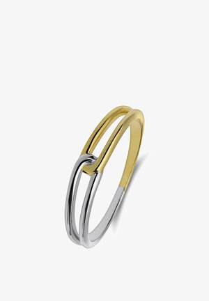 Gouden en zilveren ring met een verweven ontwerp, een gladde textuur en een strakke, moderne uitstraling met een gepolijste afwerking.