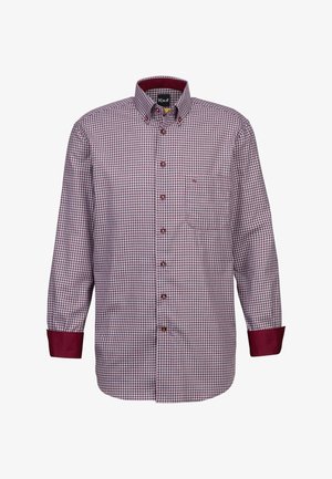 Camicia a quadri bordeaux e bianca con bottoni. Tessuto in cotone con colletto a scollo, taschino sul petto e polsini bordeaux a contrasto.