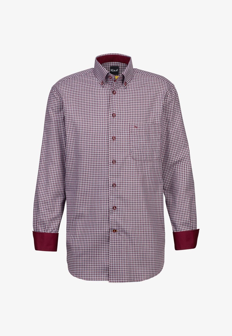 Camicia a quadri bordeaux e bianca con bottoni. Tessuto in cotone con colletto a scollo, taschino sul petto e polsini bordeaux a contrasto.