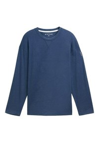 Marineblauwe longsleeve T-shirt van zacht katoen, met een ronde hals, een gestikte V-vormige detail op de kraag en een merkembleem op de mouw.