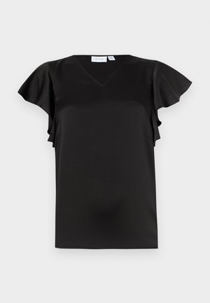 Μαύρο μπλουζάκι με κοντά μανίκια και V-λαιμόκοψη, με μανίκια που πέφτουν ελαφρώς, κατασκευασμένο από απαλό, ελαφρύ ύφασμα, εμφανιζόμενο σε λευκό φόντο.