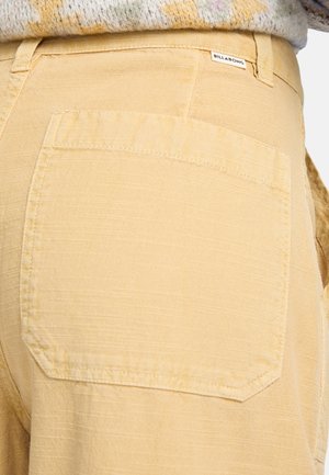 Shorts in tessuto giallo texturizzato con una tasca sul retro e un piccolo logo del brand sulla vita. La vista laterale mette in evidenza la leggerezza del materiale.