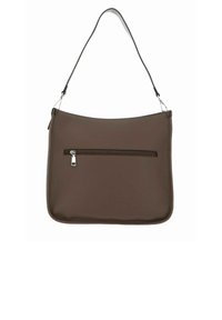 Sac à main en cuir marron avec un design courbé, une bandoulière unique et une poche zippée à l'avant. Surface texturée avec des accents en métal argenté.