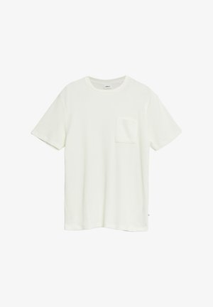 Einfarbiges weißes T-Shirt mit kurzen Ärmeln, Rundhalsausschnitt und einer kleinen Brusttasche auf der linken Seite.