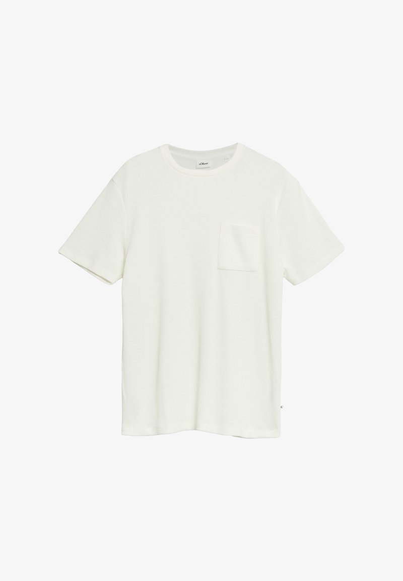 T-shirt blanc uni à manches courtes avec col rond et petite poche poitrine sur le côté gauche.
