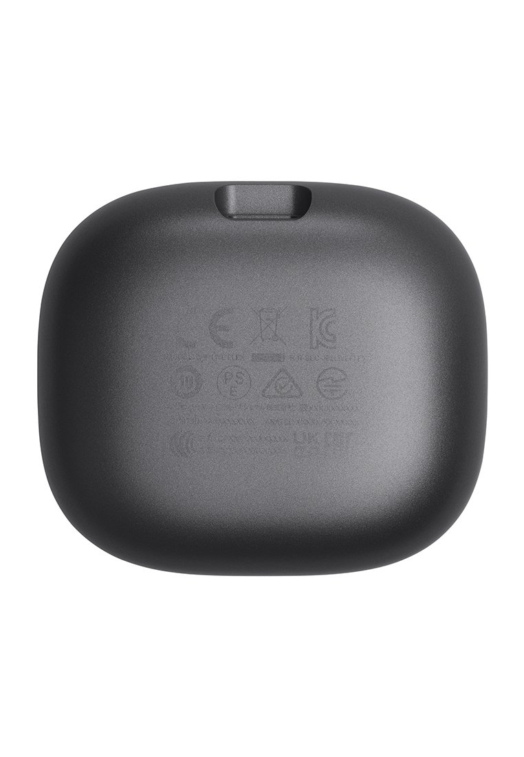 Boîtier de charge compact noir pour écouteurs sans fil, affichant des symboles réglementaires et une petite charnière sur le dessus.