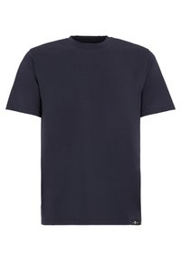 T-shirt blu navy a maniche corte realizzato in cotone liscio, con scollatura rotonda e un'etichetta logo discreta nella parte inferiore sinistra dell'orlo.