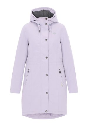 Helle lavendelfarbene lange Jacke mit Kapuze, vorderen Knöpfen, zwei Reißverschlusstaschen an den Seiten und grauem Innenfutter. Glattes Material, lässiges Design.