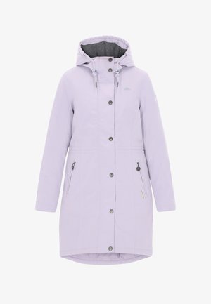 Long manteau lavande clair avec une capuche, boutons sur le devant, deux poches latérales zippées et doublure intérieure grise. Tissu doux, design décontracté.