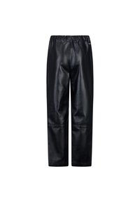 Zwarte leren broek met een relaxte pasvorm, voorzien van een elastische tailleband en contrasterende gestikte panelen op de benen. Gladde textuur.