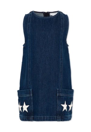 Robe en denim bleu marine sans manches avec deux poches avant, chacune décorée de deux appliques étoiles blanches.