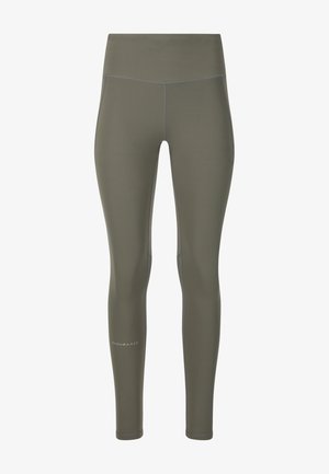 Olivengrønne atletiske leggings med høj talje, flade sømme og "ENDURANCE" trykt nær den nederste venstre ben.