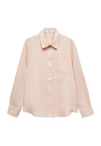 Chemise rose clair à manches longues avec col, boutons à l'avant et une poche poitrine unique. Fabriquée en tissu doux et texturé.