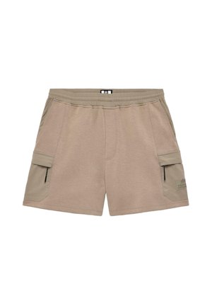 Beige shorts made of soft fabric, featuring two side cargo pockets in a contrasting khaki tone, elastic waistband, and stitched detailing.