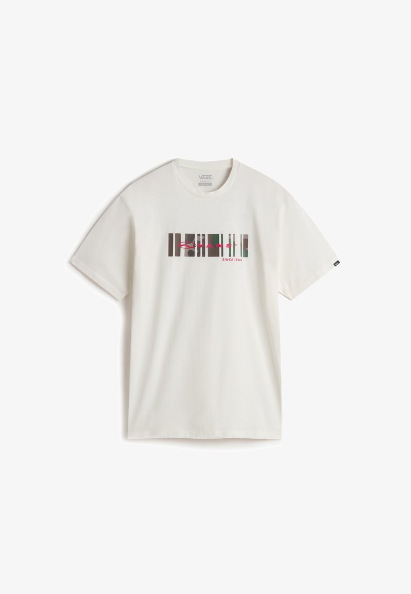 Kortærmet hvid bomuld t-shirt med flerfarvet grafisk tryk med lodrette linjer og teksten "Since 1966" nederst.