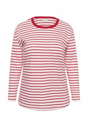 Wit t-shirt met lange mouwen en horizontale rode strepen, voorzien van een rode ronde hals en een licht gebogen zoom onderaan.